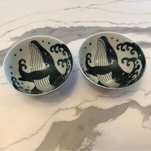 Minoru Touki White Wave Whale Blue Ceramic Rice Bowls Set of 2